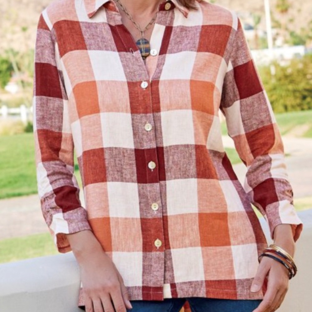 NEW WITH TAGS. Soft Surroundings. Carreaux Shirt. Rustic Mango plaid. Size M